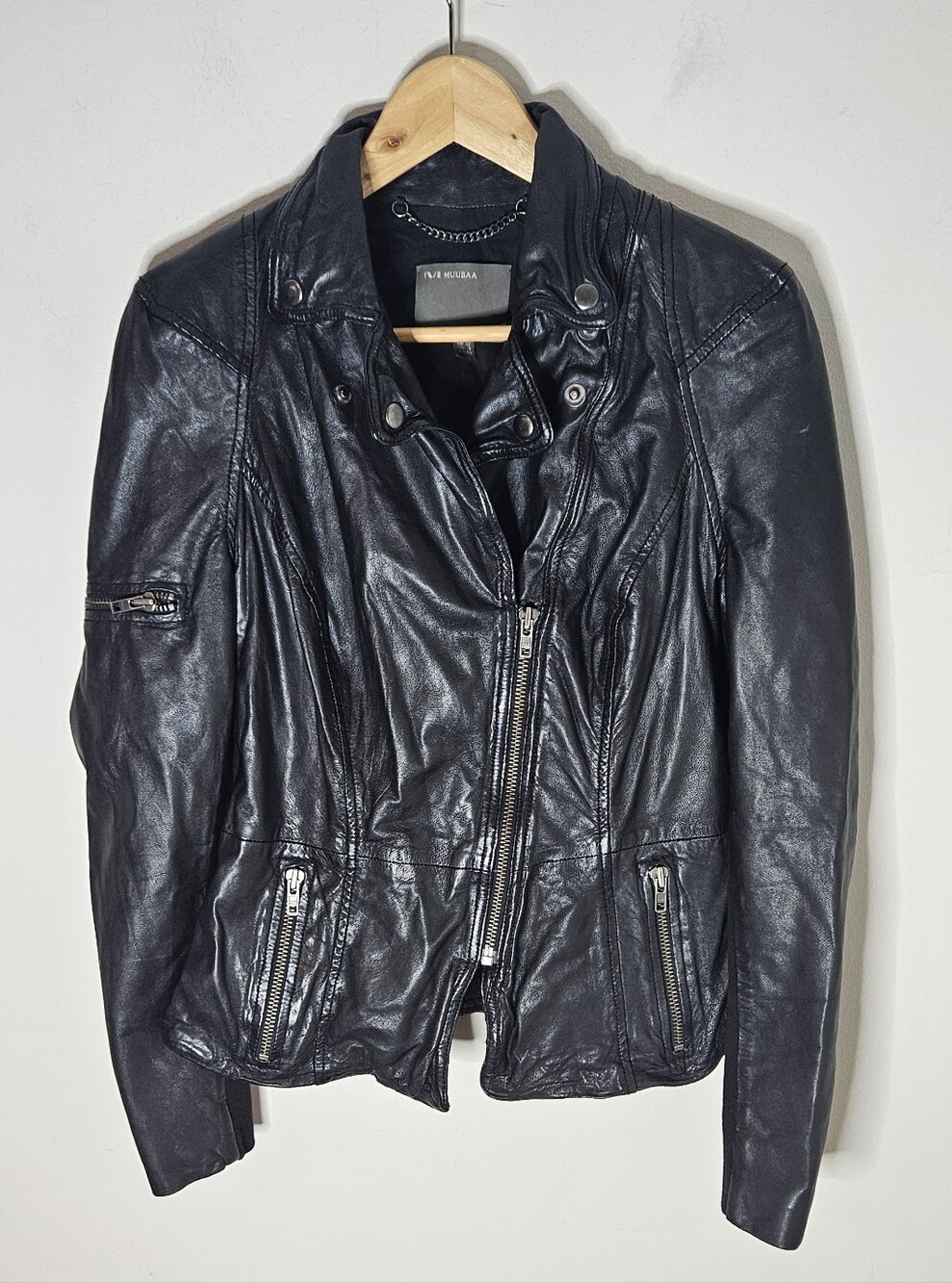 Muubaa Lamb Leather Moto Jacket Black Zippers Asymmetrical
